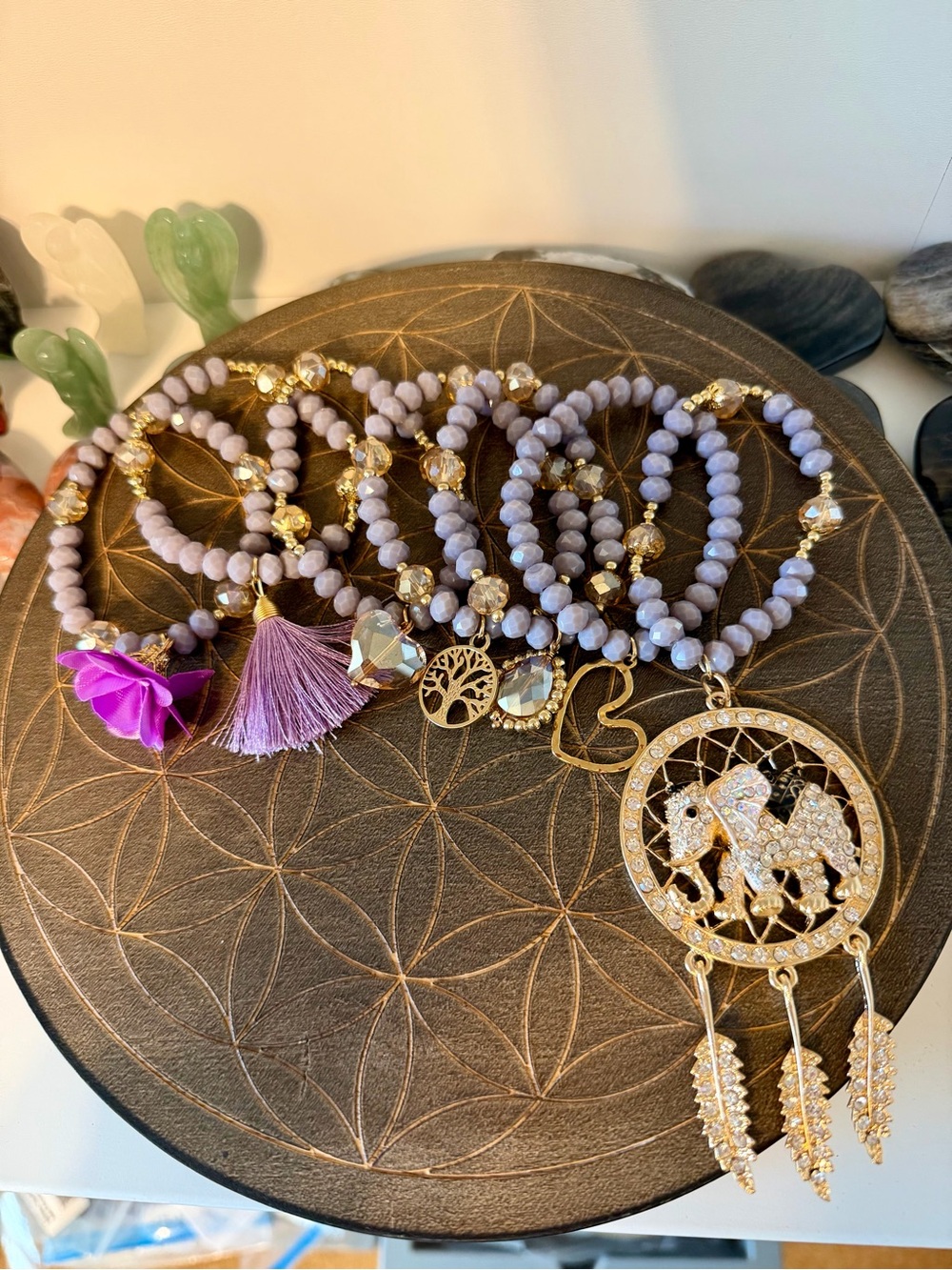 Lavender Beaded Charm set of 7 bracelets with Gold Dreamcatcher Pendant